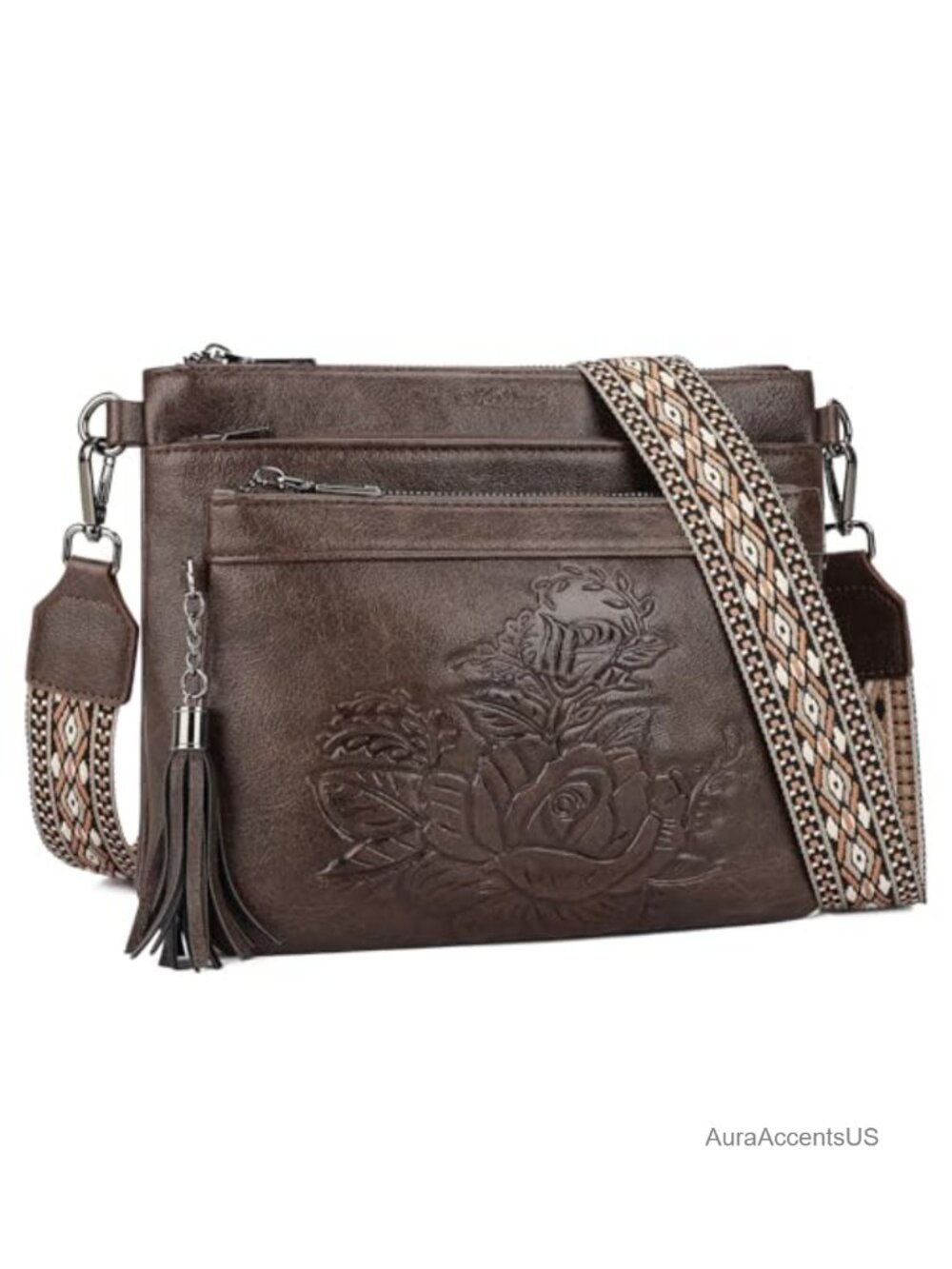 Vegan Leather Crossbody Bag Multi Pocket Floral Embossed Adjustable Strap